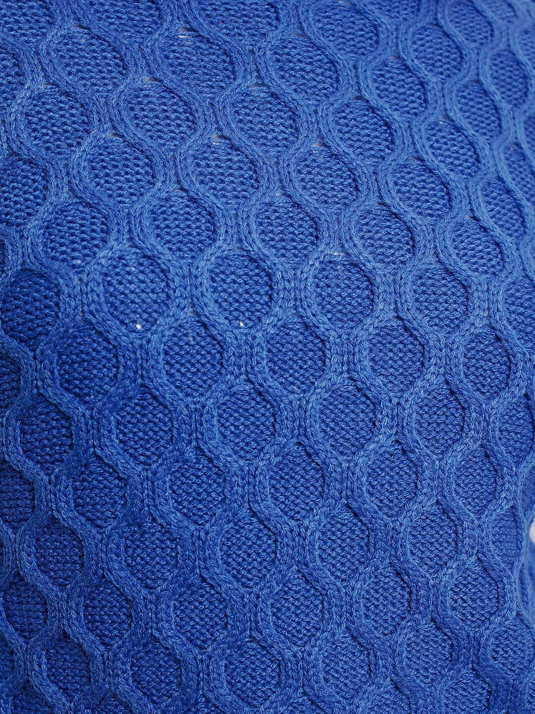 Tokyo Talkies Blue Open Knit Self Design Acrylic Pullover Sweater