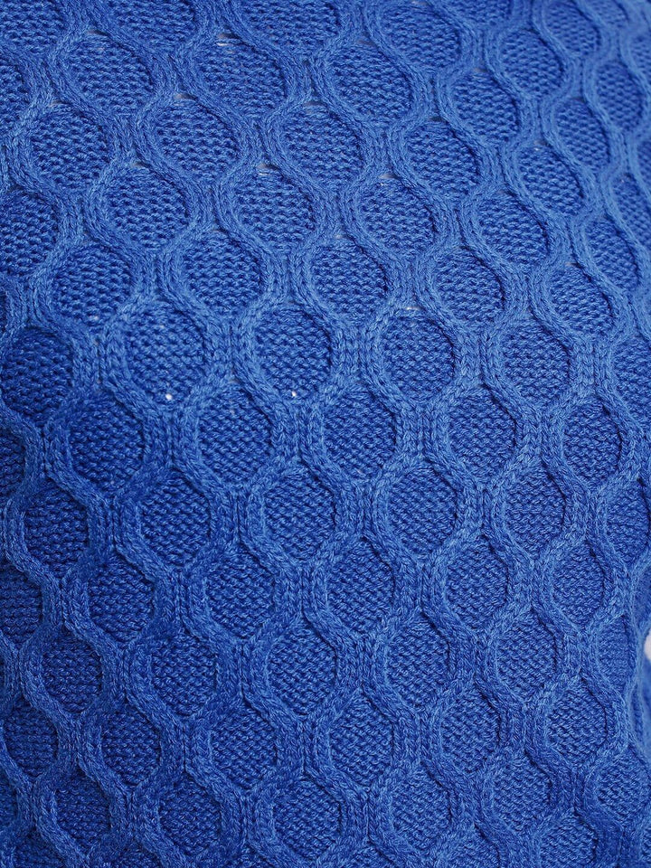 Tokyo Talkies Blue Open Knit Self Design Acrylic Pullover Sweater