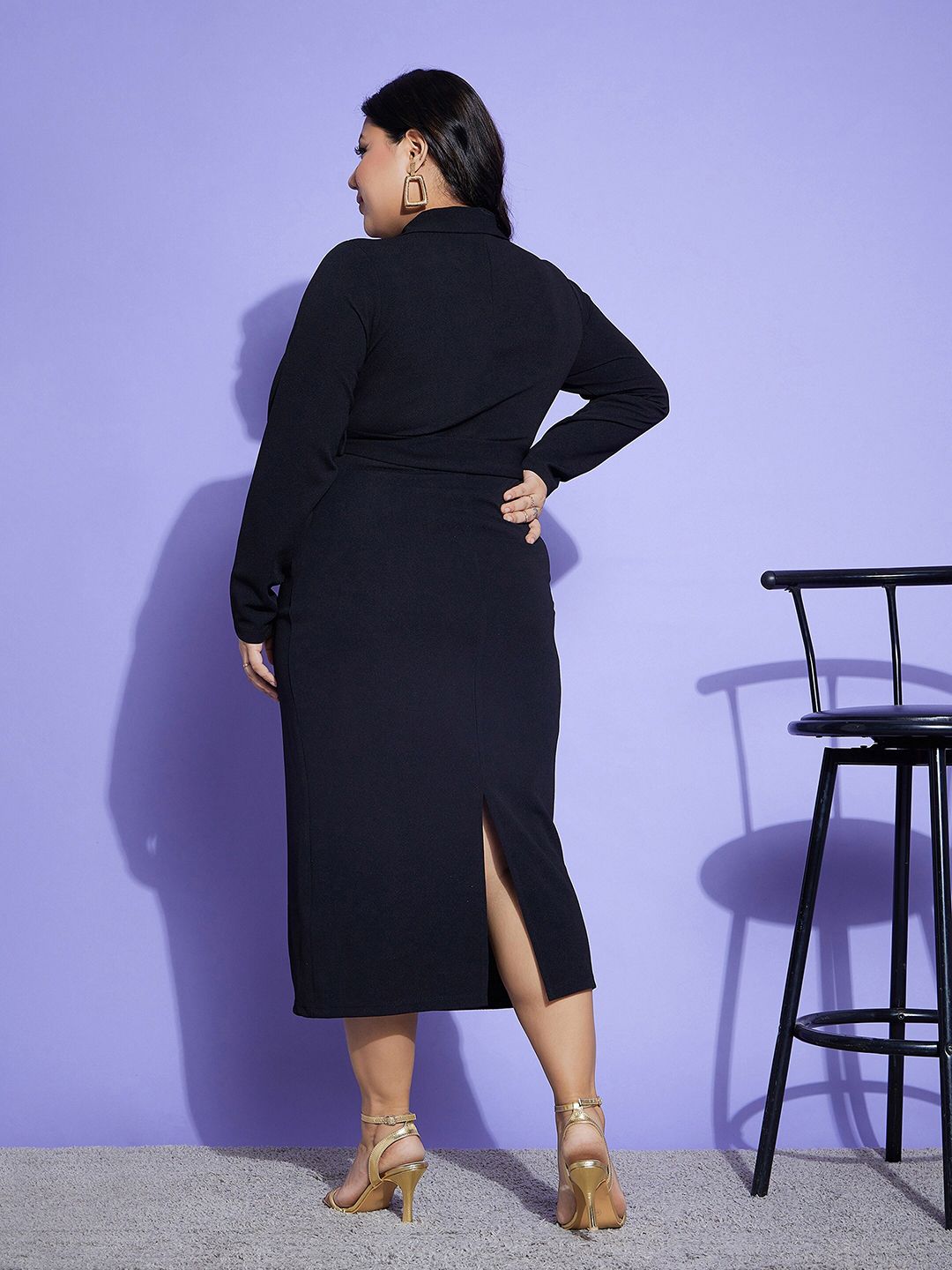 SASSAFRAS Curve Plus Size Belt Detailed High Neck Sheath Midi Dress