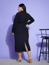 SASSAFRAS Curve Plus Size Belt Detailed High Neck Sheath Midi Dress