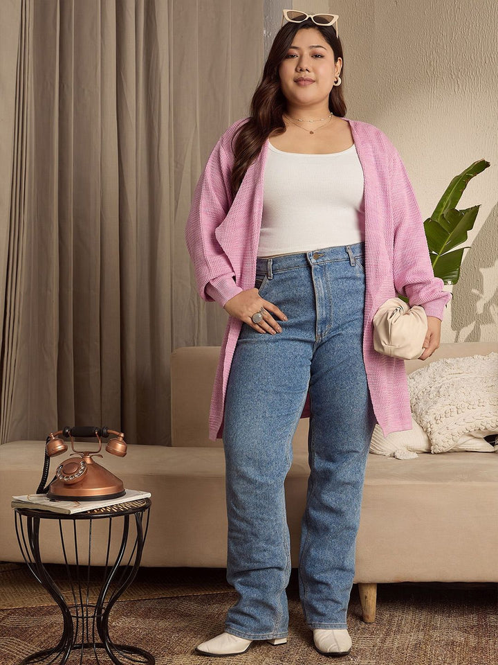 Berrylush Curve Women Plus Size Longline Self Design Open Knit Front-Open Sweaters