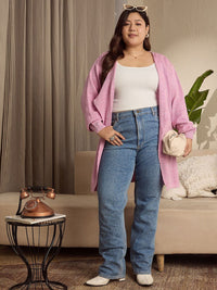 Berrylush Curve Women Plus Size Longline Self Design Open Knit Front-Open Sweaters