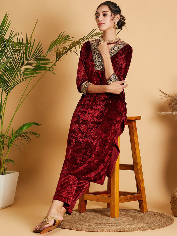 Shae by SASSAFRAS Maroon Floral Yoke Design Sequinned Velvet Straight Kurta