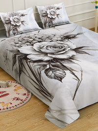 Moda Rapido X KLOTTHE Grey & White Floral 400 TC King Bedsheet with 2 Pillow Covers