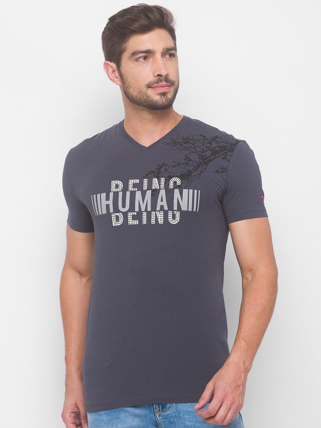 Being Human Men Grey & White Being Human Printed V-Neck T-shirt