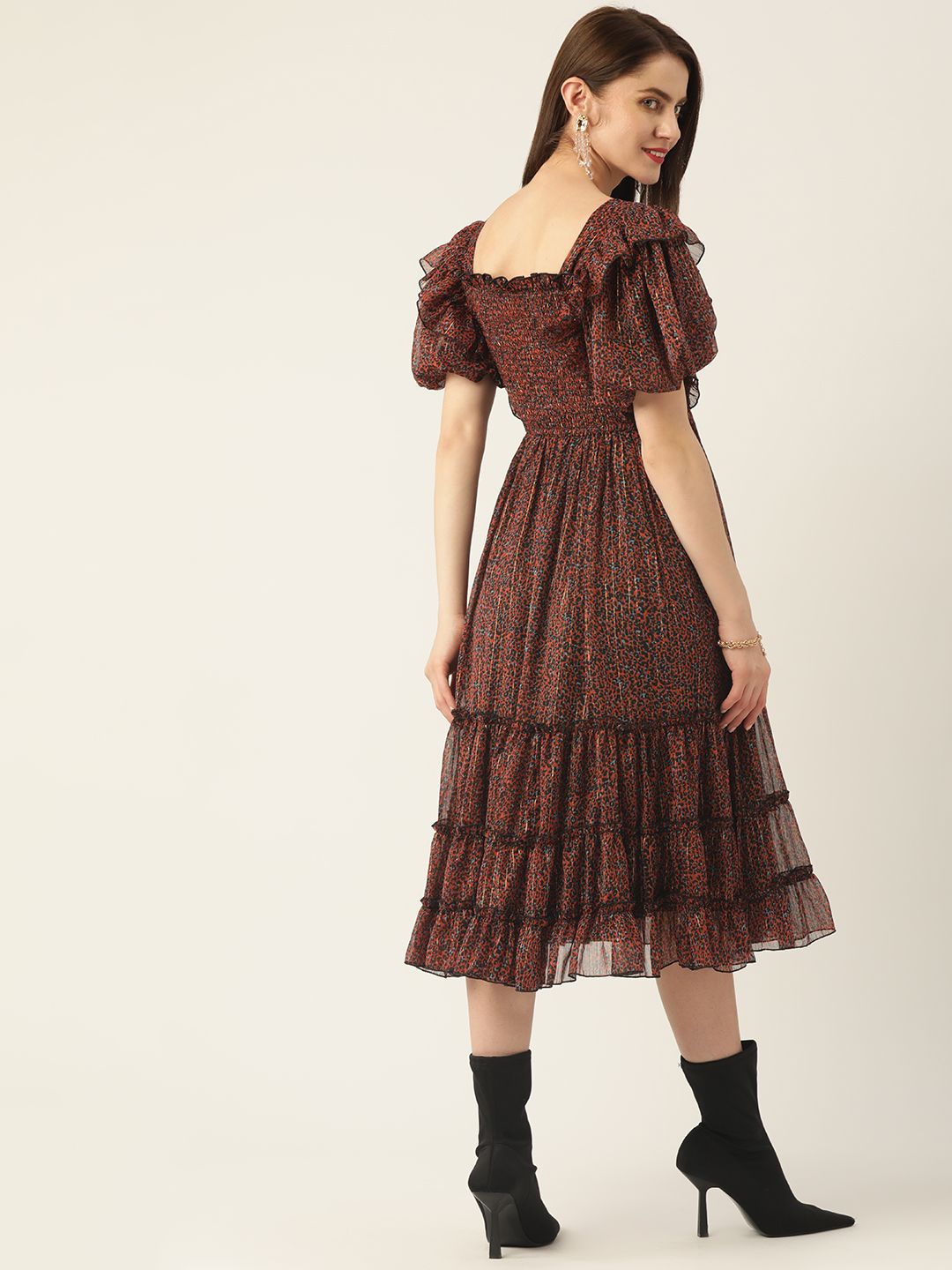 Antheaa Black & Orange Smocked Chiffon Midi Dress