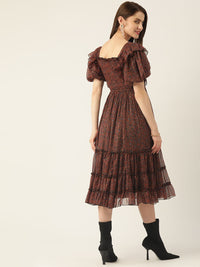 Antheaa Black & Orange Smocked Chiffon Midi Dress