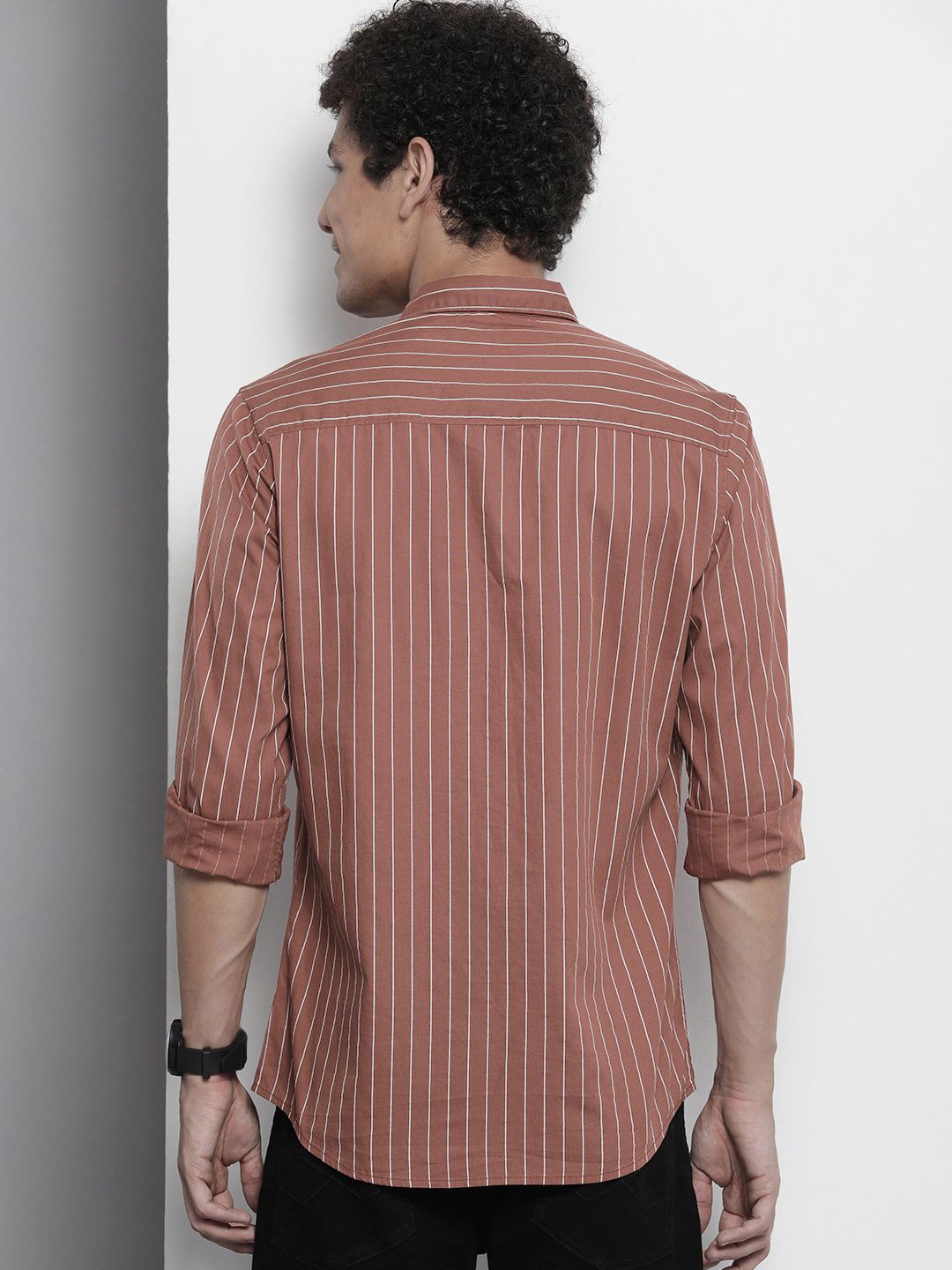 The Indian Garage Co Men Brown & White Striped Cotton Casual Shirt