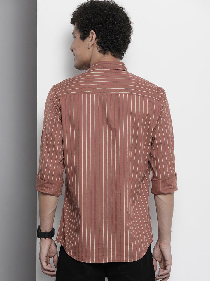 The Indian Garage Co Men Brown & White Striped Cotton Casual Shirt