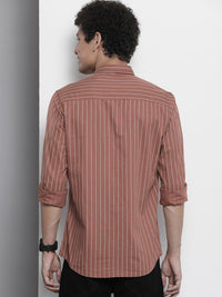 The Indian Garage Co Men Brown & White Striped Cotton Casual Shirt