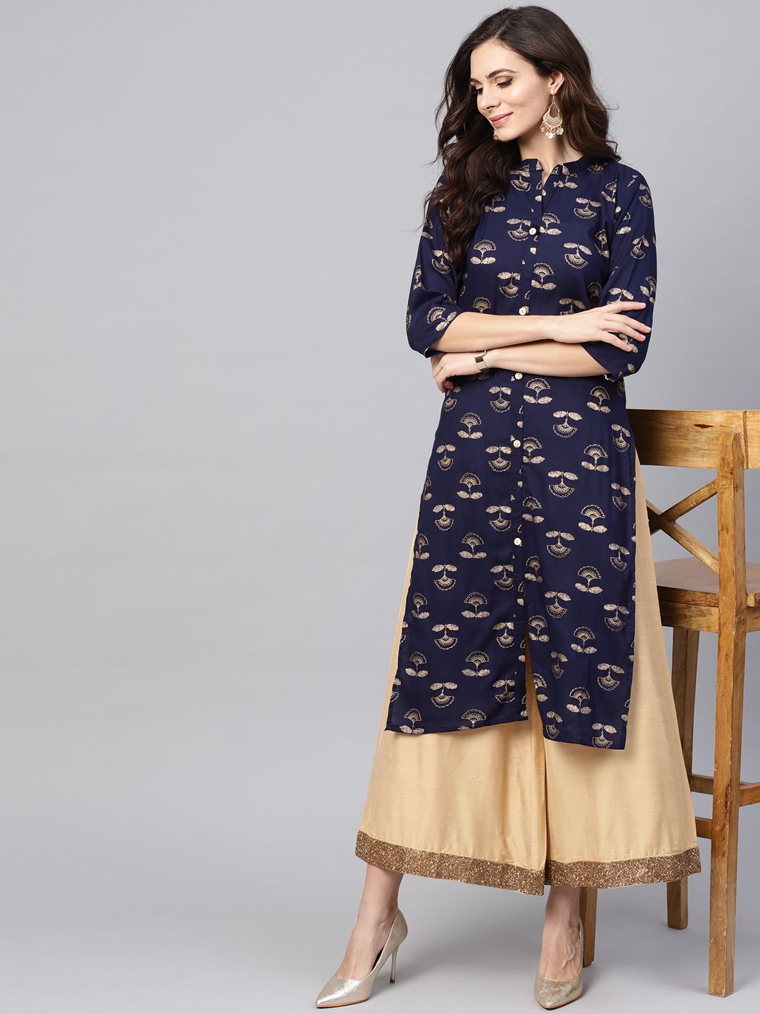 SOJANYA Kurta Lurus Bercetak Biru Laut & Emas Wanita