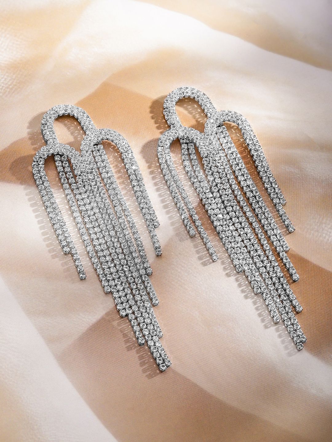 Rubans Rhodium-Plated Brass Crystal Studded Contemporary Shaped Drop Earrings