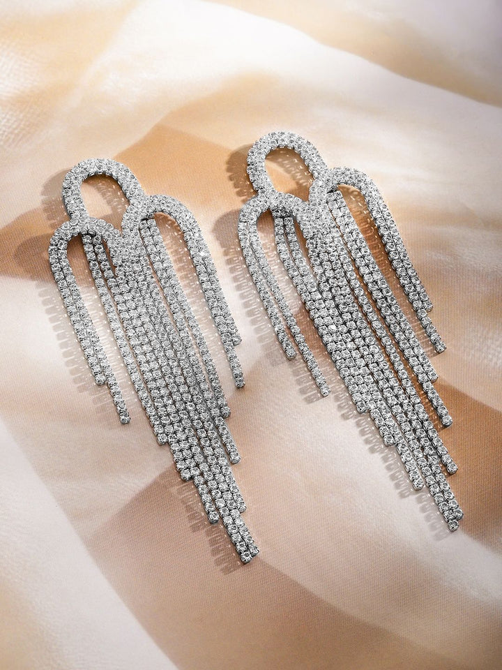 Rubans Rhodium-Plated Crystal Crystal Studded Contemporary Drop Earrings