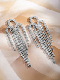 Rubans Rhodium-Plated Crystal Crystal Studded Contemporary Drop Earrings