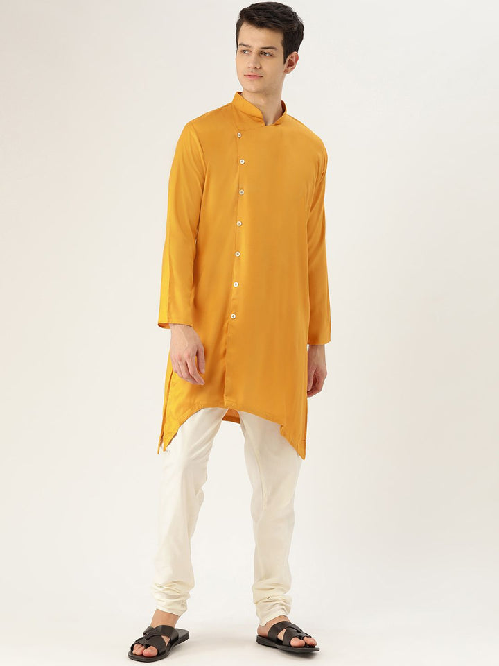 SOJANYA Men Mustard Yellow Solid Straight Asymmetric Kurta