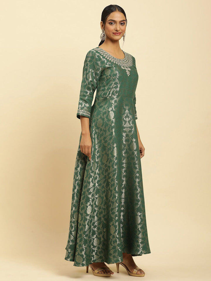 W Green Floral Woven Design Round Neck Gathered Fit & Flare Maxi Ethnic Dress