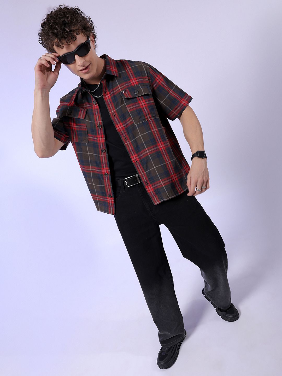 The Indian Garage Co Tartan Checked Pure Cotton Oversized Casual Shirt