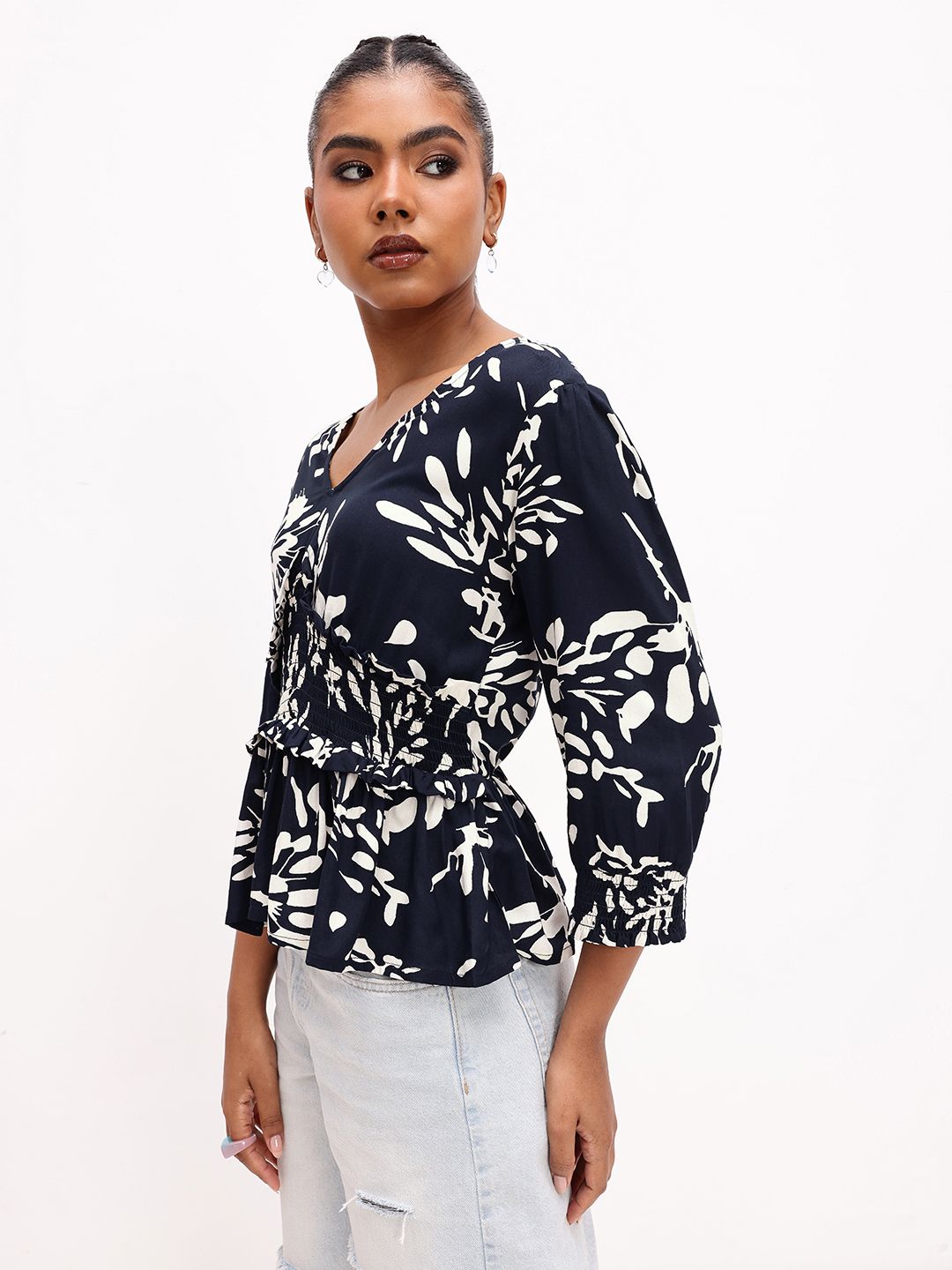DressBerry Vacation-Inspired Tropical Print V-Neck Peplum Top