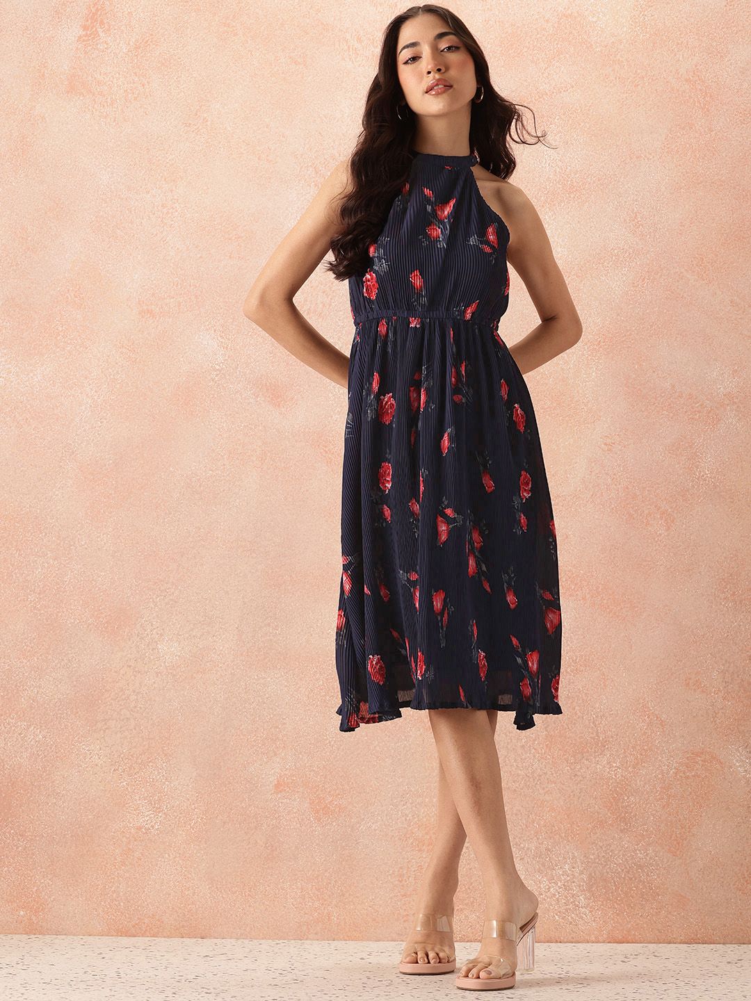 all about you Floral Print Halter Neck Accordion Pleats Fit & Flare Midi Dress
