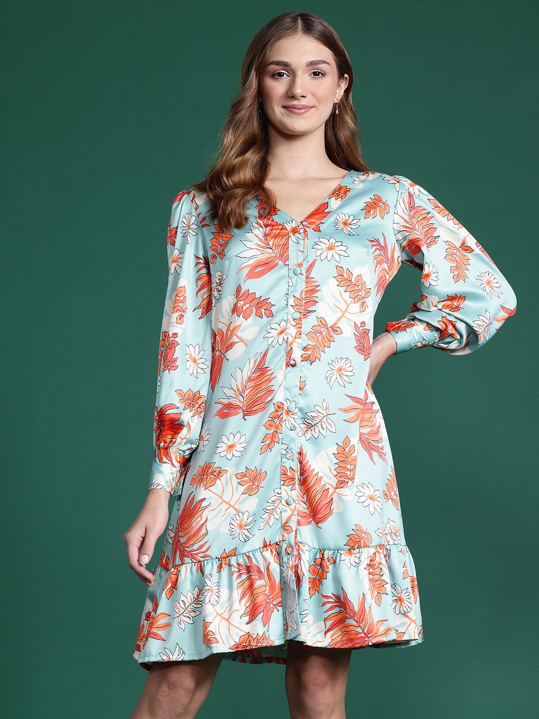 DressBerry Floral Print Bishop Sleeve A-Line Dress