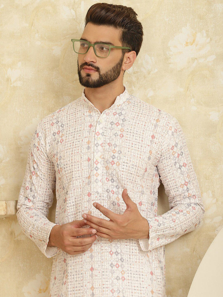 SOJANYA Ethnic Motifs Embroidered Band Collar Pure Cotton Kurta With Churidar