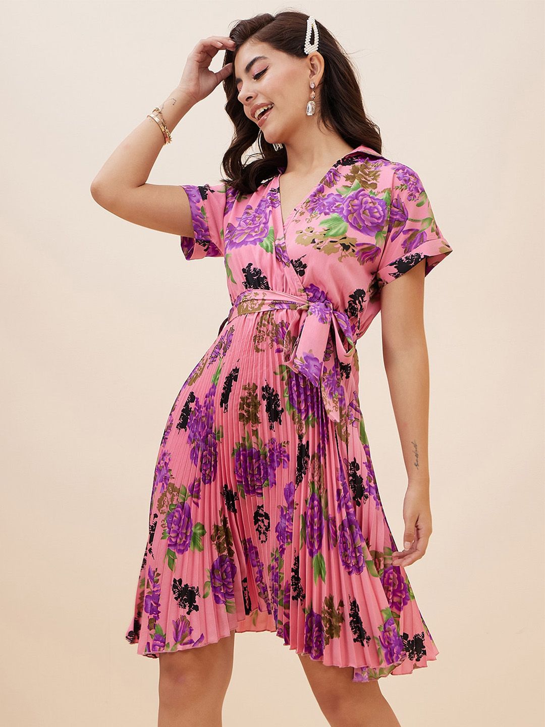 Antheaa Floral Printed Accordion Pleats Fit and Flare Dress