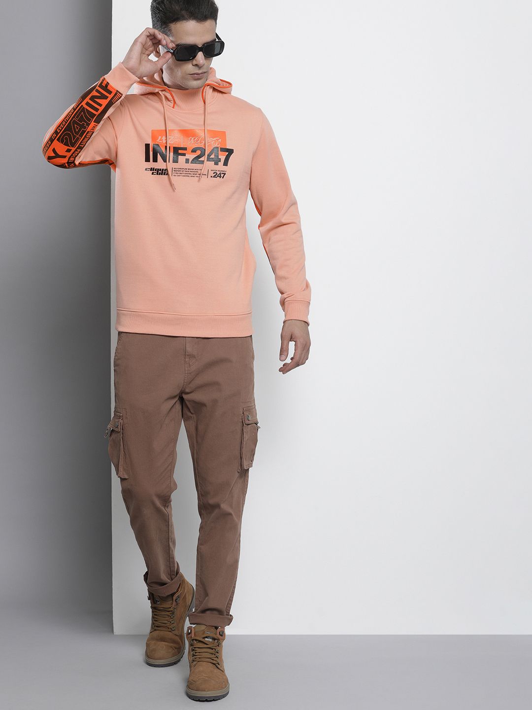 The Indian Garage Co Men Peach-Coloured Printed Hooded Sweatshirt