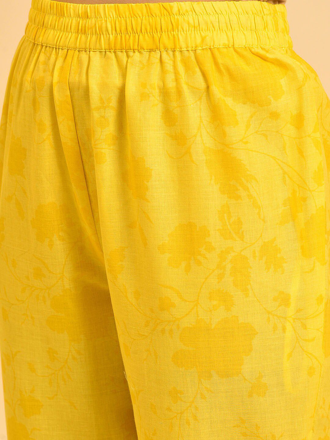 W Yellow & Purple Floral Printed Pure Cotton Kurta With Trousers