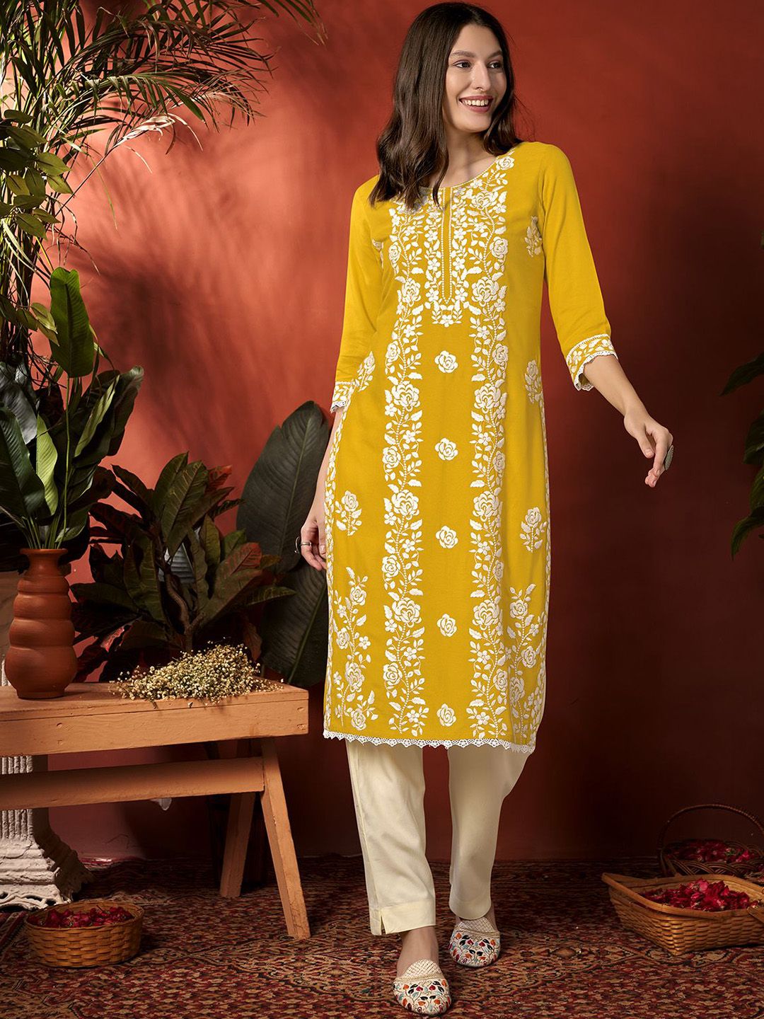 Anouk Yellow Floral Embroidered Round Neck Straight Kurta