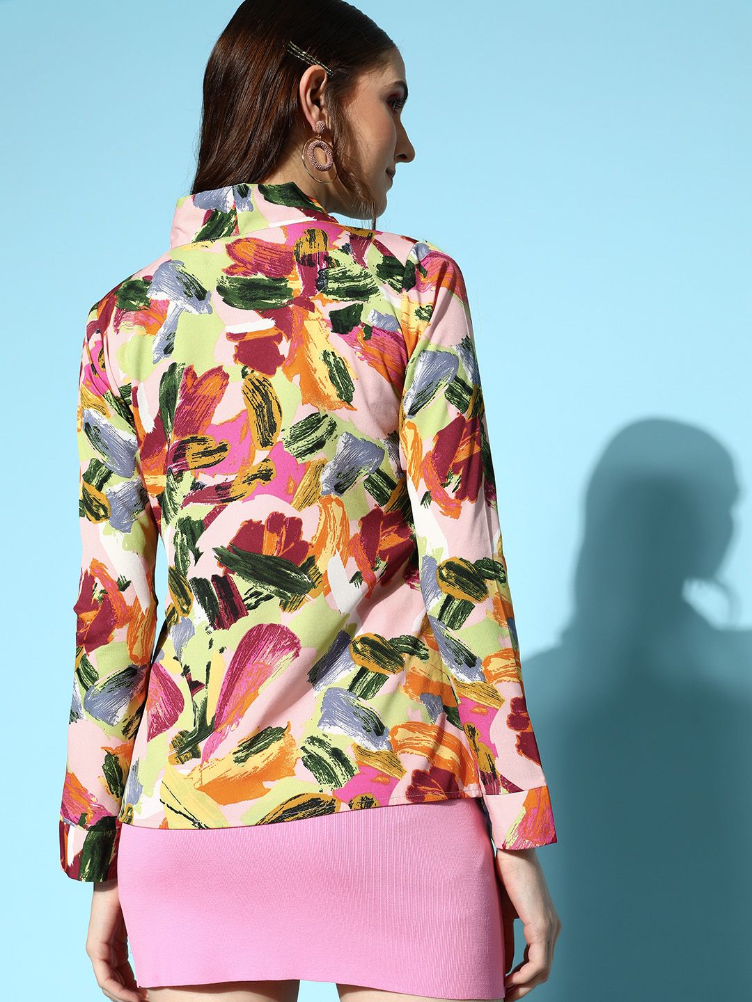 Berrylush Pink & Green Print Tie-Up Neck Crepe Top