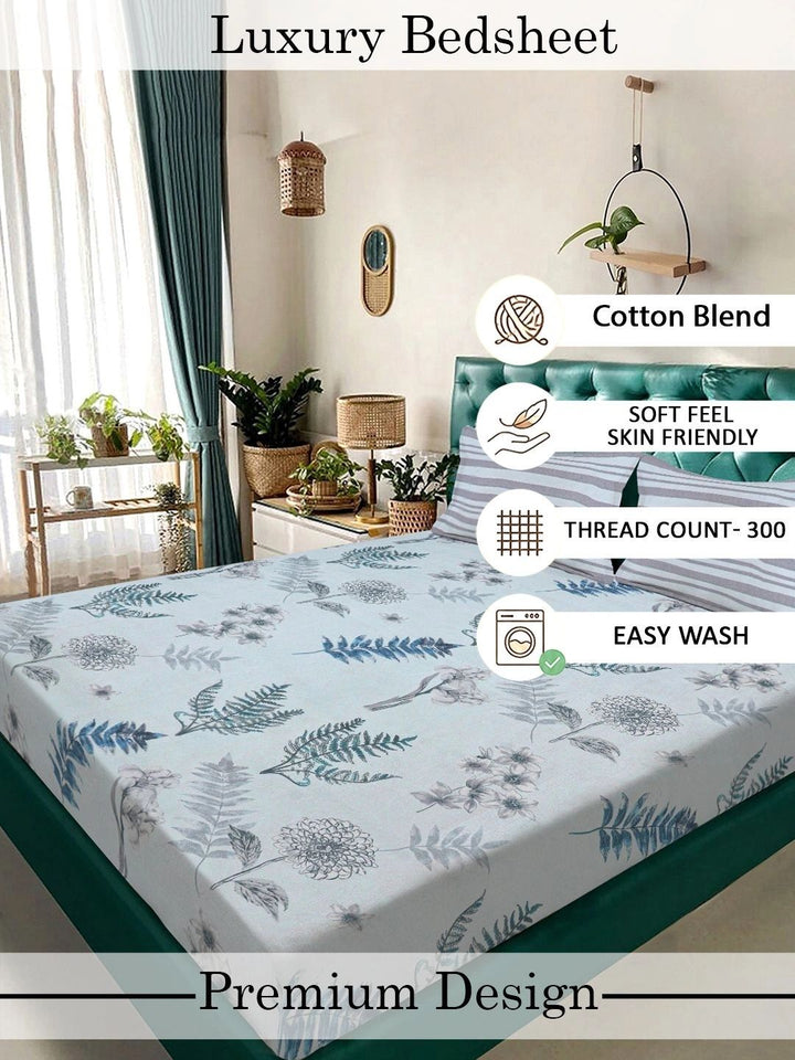 Moda Rapido X KLOTTHE Blue Floral 300 TC King Bedsheet with 2 Pillow Covers