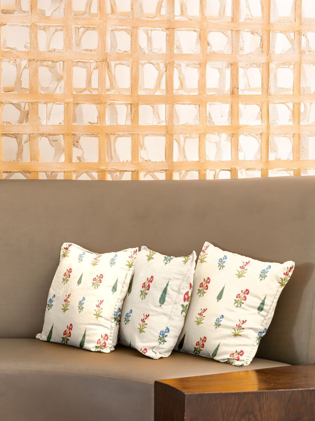 URBAN SPACE White & Green 3 Pieces Floral Printed Cotton Square Cushion Covers