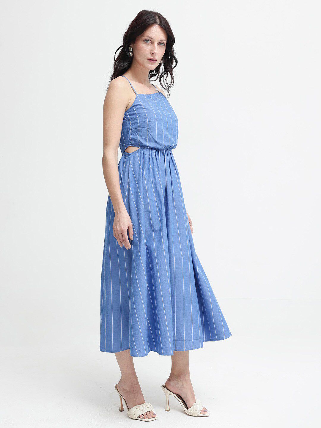 RAREISM Women Cotton Blue Striped Fit & Flare Shoulder Straps Midi Dress