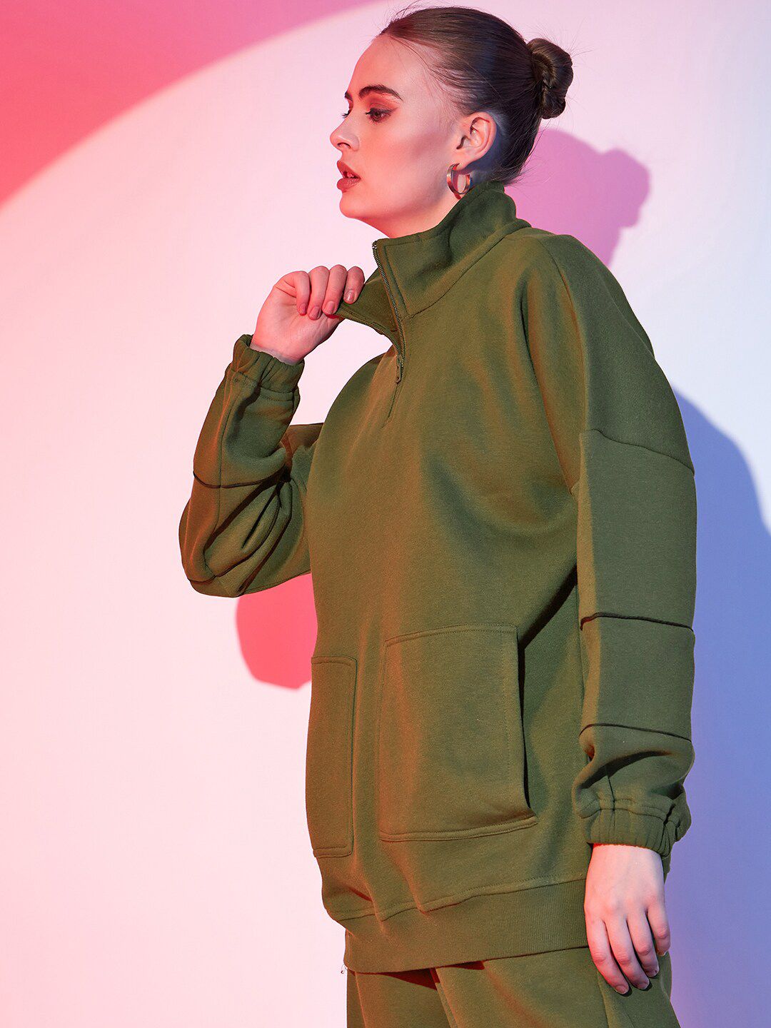 Street 9 Olive Green Mock Collar Fleece Sweatshirt