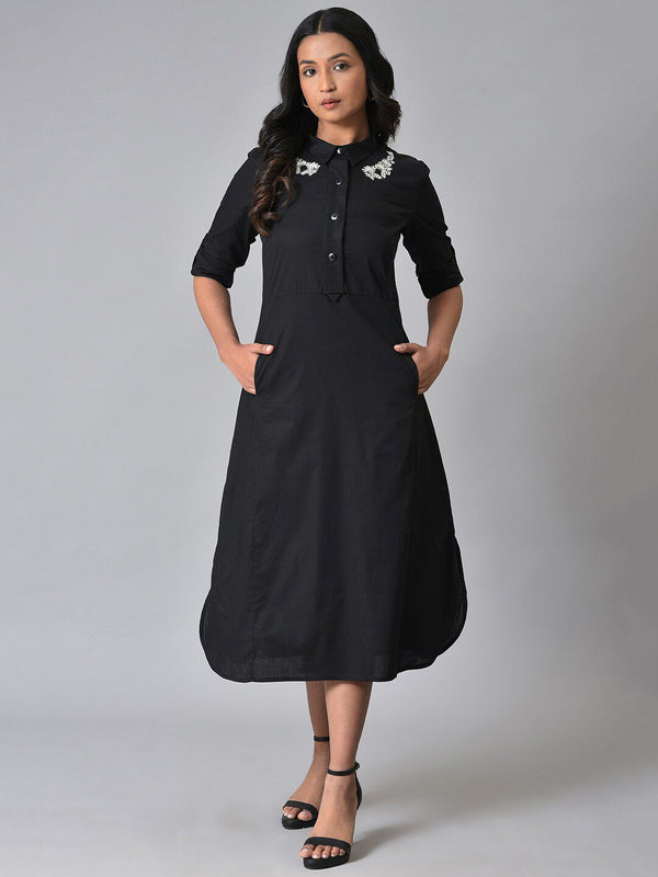 W Embroidered Shirt Collar Pure Cotton A-Line Midi Dress