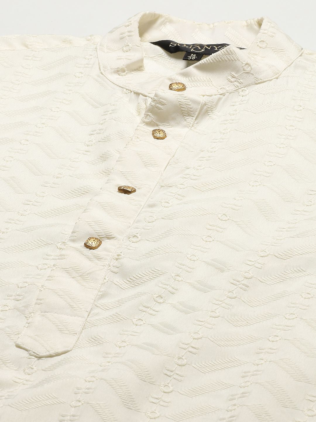 SOJANYA Men Cream-Coloured Chikankari Pure Cotton Kurta with Churidar & Nehrujacket