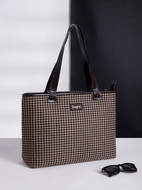 Berrylush Brown Checked Structured Tote bag