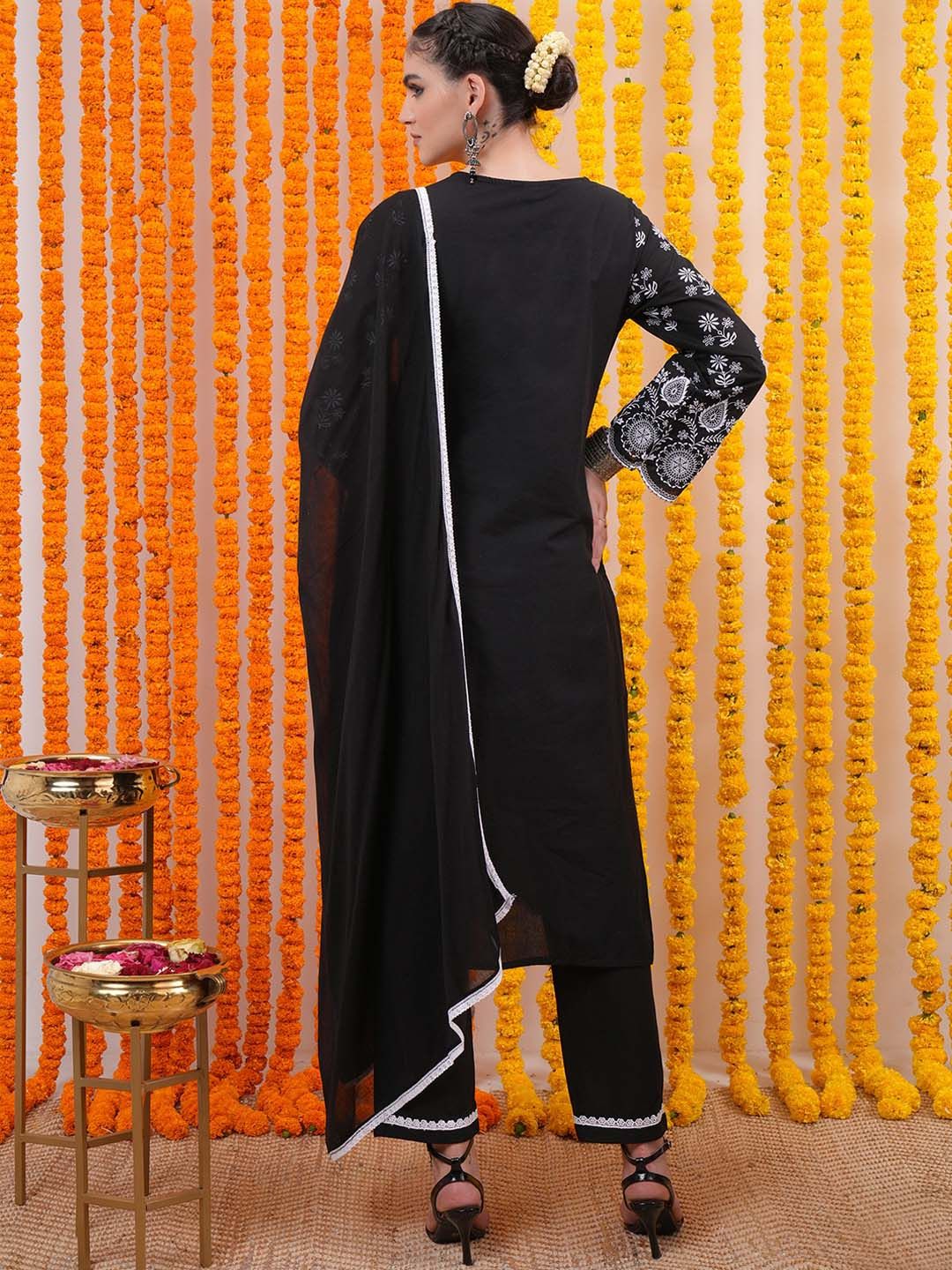Vishudh Black Floral Embroidered Pure Cotton Straight Kurta with Trousers