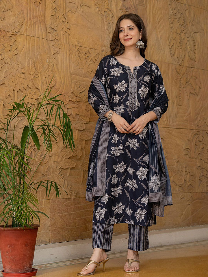 KALINI Floral Printed Gotta Patti Straight Kurta With Trouser & Dupatta