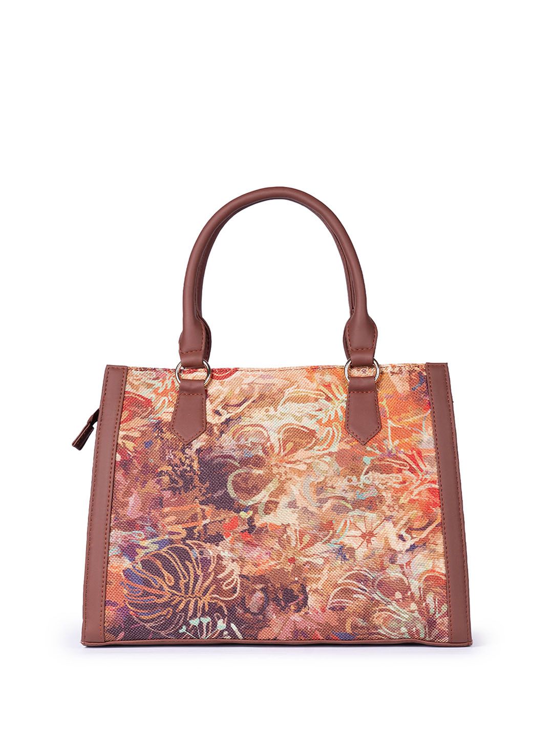 ZOUK =Floral Printed Structured Jute Handheld Bag