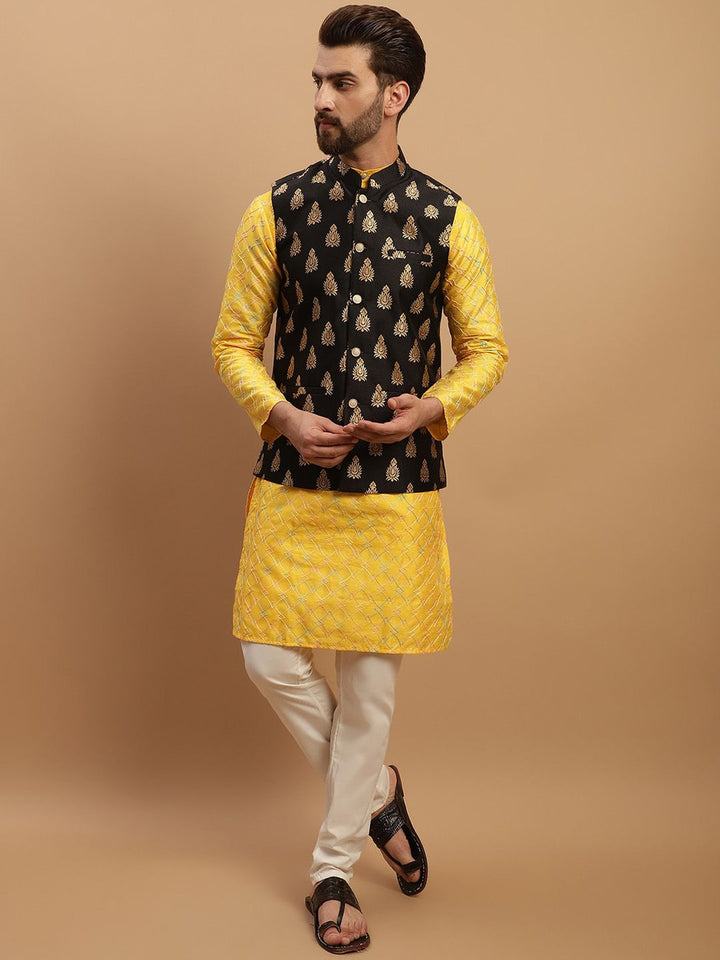 SOJANYA Geometric Embroidered Regular Kurta with Churidar & Woven Design Nehru Jacket