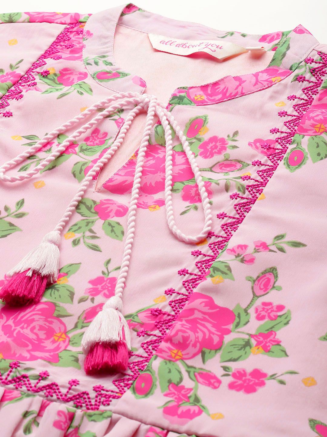 all about you Floral Print Thread Work Pleated Short Kurti