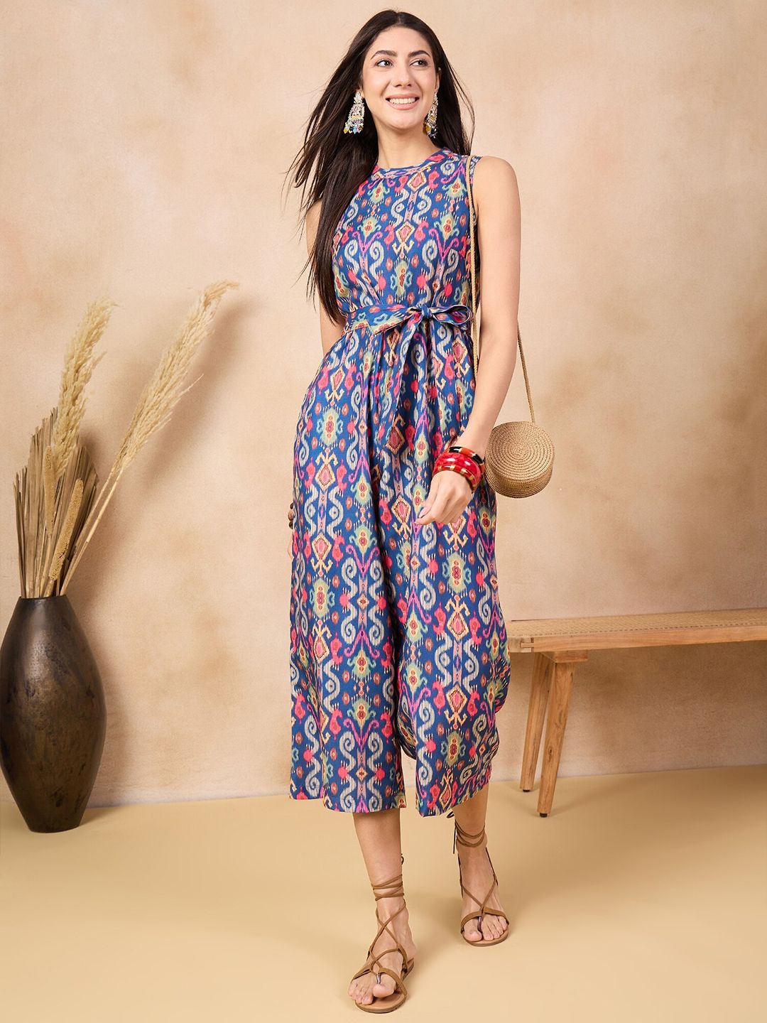 Anouk Blue Patola Printed Sleeveless Waist Tie-Ups Basic Jumpsuit