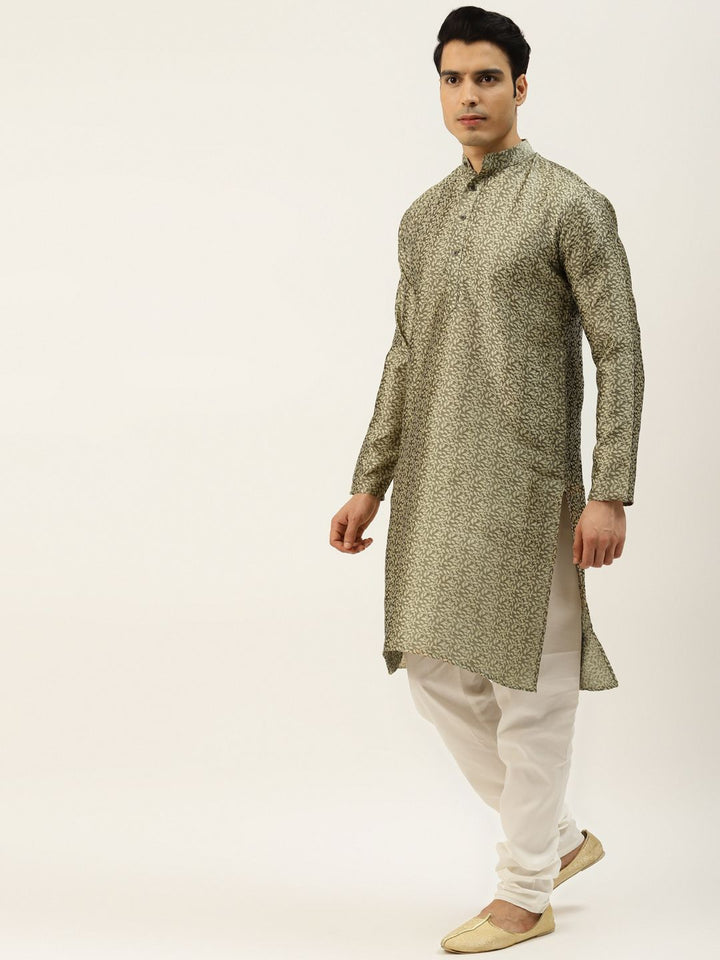SOJANYA Lelaki Beige Self Design Jacquard Silk Kurta with Churidar & Nehru Jacket