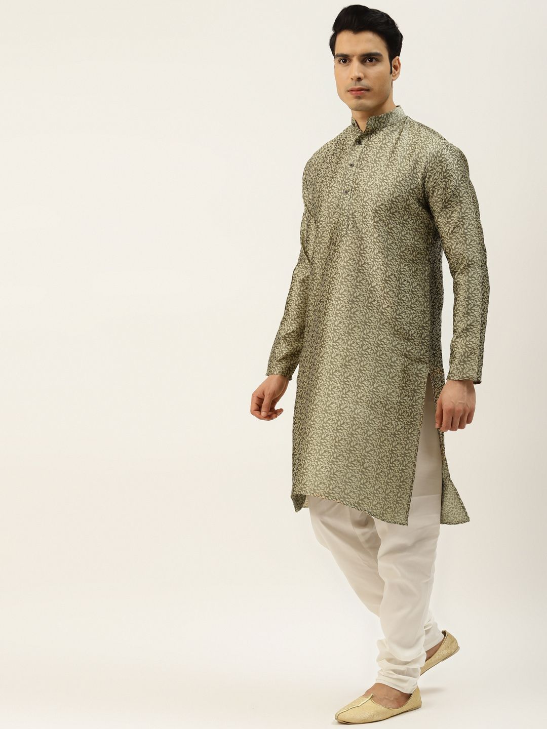 SOJANYA Lelaki Beige Self Design Jacquard Silk Kurta with Churidar & Nehru Jacket