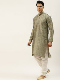 SOJANYA Men Beige Self Design Jacquard Silk Kurta with Churidar & Nehru Jacket
