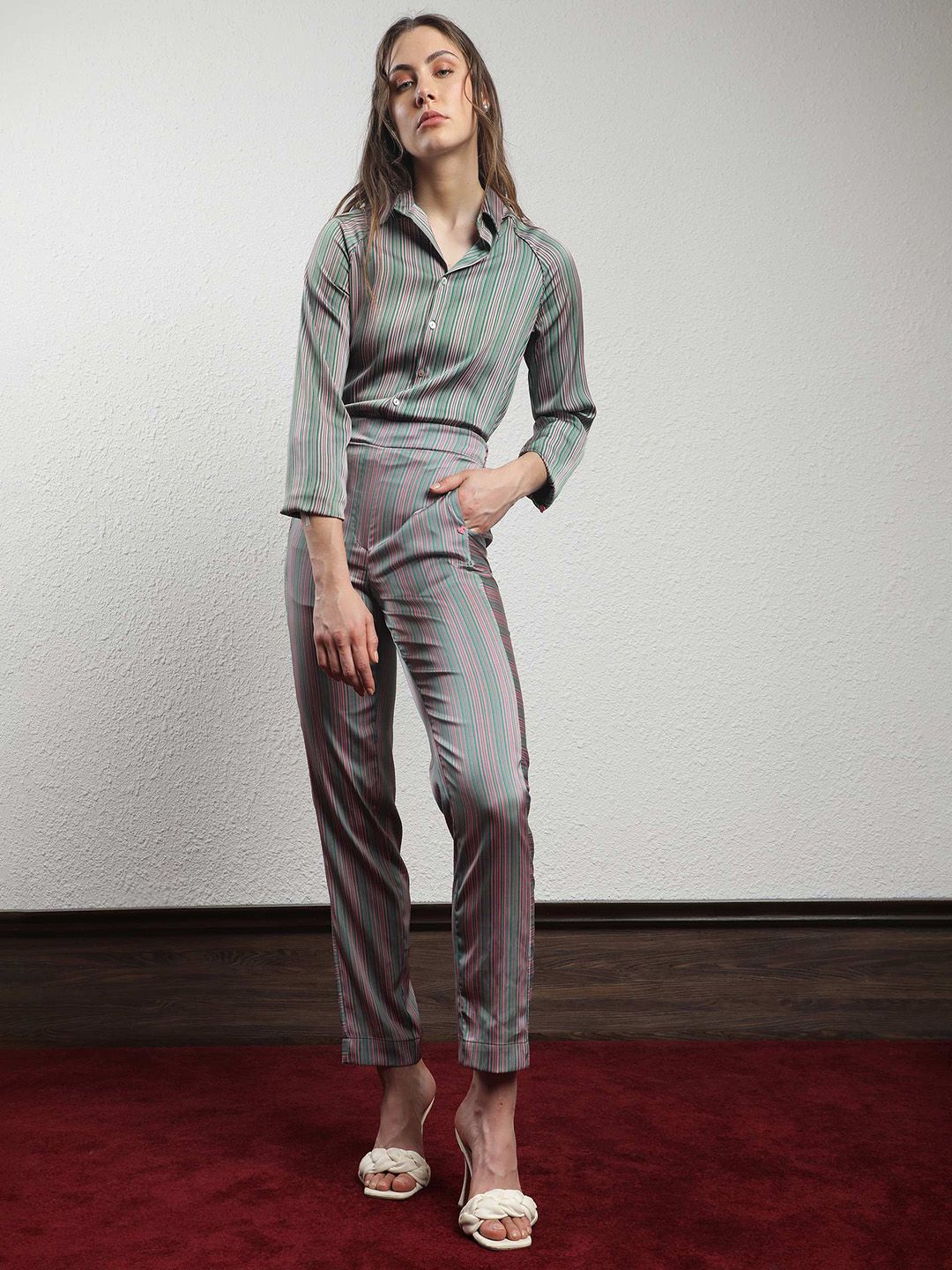 RAREISM Women Slim Fit Striped High-Rise Trousers