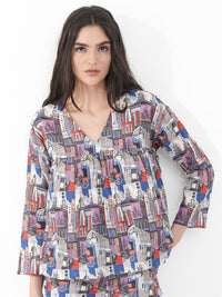 Rareism Conversational Printed V Neck Cotton Empire Top