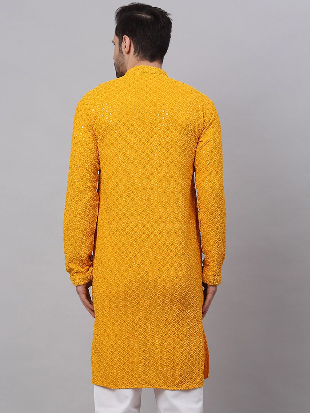 Jompers Men Mustard Yellow Floral Embroidered Sequined Cotton Kurta