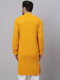 Jompers Men Mustard Yellow Floral Embroidered Sequined Cotton Kurta